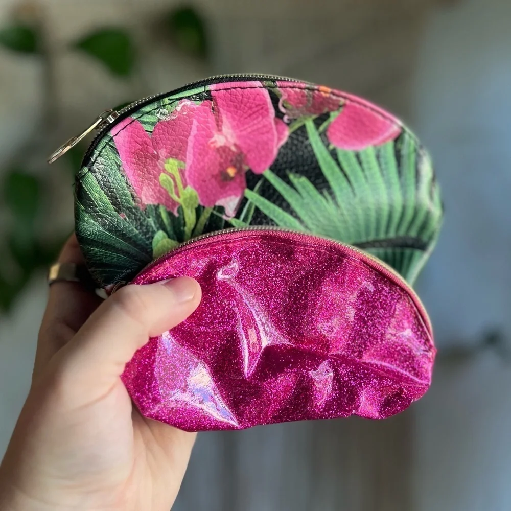 Makeup Bag Set - Pink Glitter & Floral Orchid Print Cosmetic Pouches 2 Piece Set